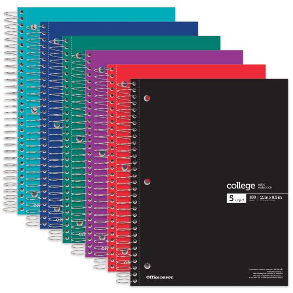 Wirebound Notebooks, 8 1/2" x 11", 5 Subjects, College Ruled, 180 Sheets, Assorted Colors, Pack Of 6 Notebooks