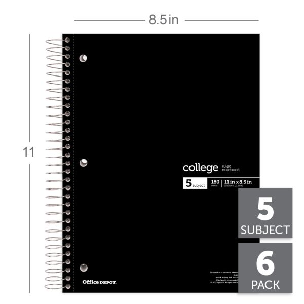 Wirebound Notebooks, 8 1/2" x 11", 5 Subjects, College Ruled, 180 Sheets, Assorted Colors, Pack Of 6 Notebooks