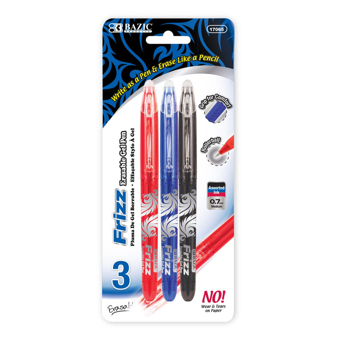 BAZIC Frizz Assorted Color Erasable Gel Pen with Grip (3/Pack) [17065]