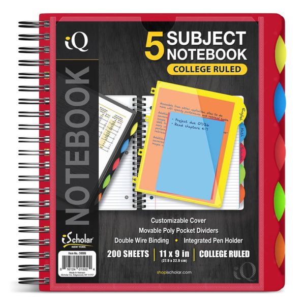 iSCHOLAR iQ 5 Subject Double Wire Poly-Cover Spiral Notebook College Ruled  200 Sheets  11 inches x 9 inches [59906]