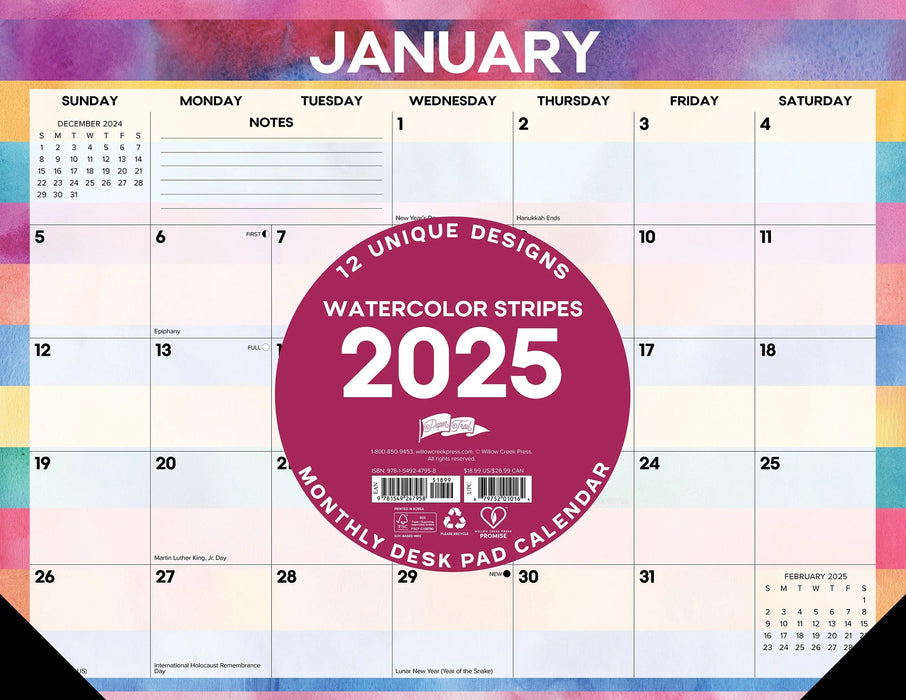 Watercolor Stripes 2025 Large Monthly Desk Pad 22x17 [47958]