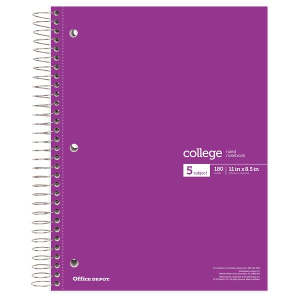 Wirebound Notebooks, 8 1/2" x 11", 5 Subjects, College Ruled, 180 Sheets, Assorted Colors, Pack Of 6 Notebooks