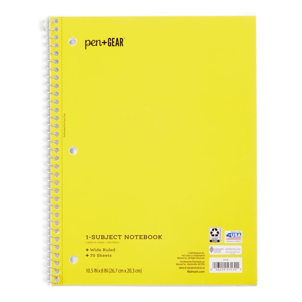 1-Subject Notebook, Wide Ruled, 70 Sheets Yellow [57170]
