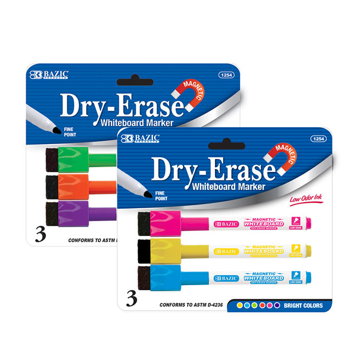 BAZIC Bright Colors Magnetic Dry-Erase Markers (3/Pack) [1254]