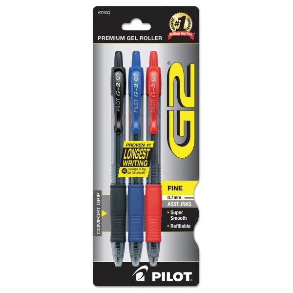 Pilot G2 Premium Gel Pen, Retractable, Fine 0.7 mm, Assorted Ink Colors, Smoke Barrel, 3/Pack [PIL31023]