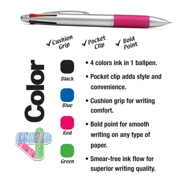 BAZIC Silver Top 4-Color Pen w/Cushion Grip 2 Pack [1718]