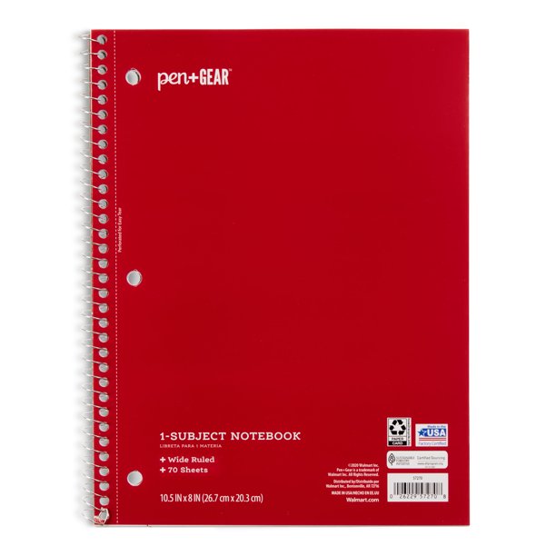 1-Subject Notebook, Wide Ruled, 70 Sheets Red [57270]