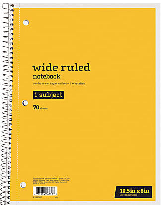 Just Basics Spiral Notebook, 8" x 10-1/2", 1 Subject, Wide Ruled, 70 Sheets, Yellow [6465380]